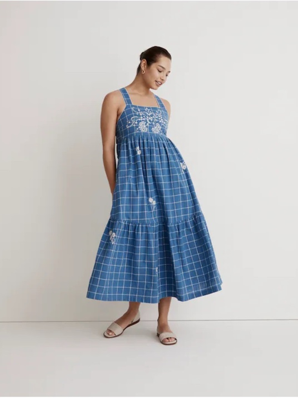 Madewell Embroidered Floral Cicely Tiered Midi Tank Dress in Blue Plaid Size 10